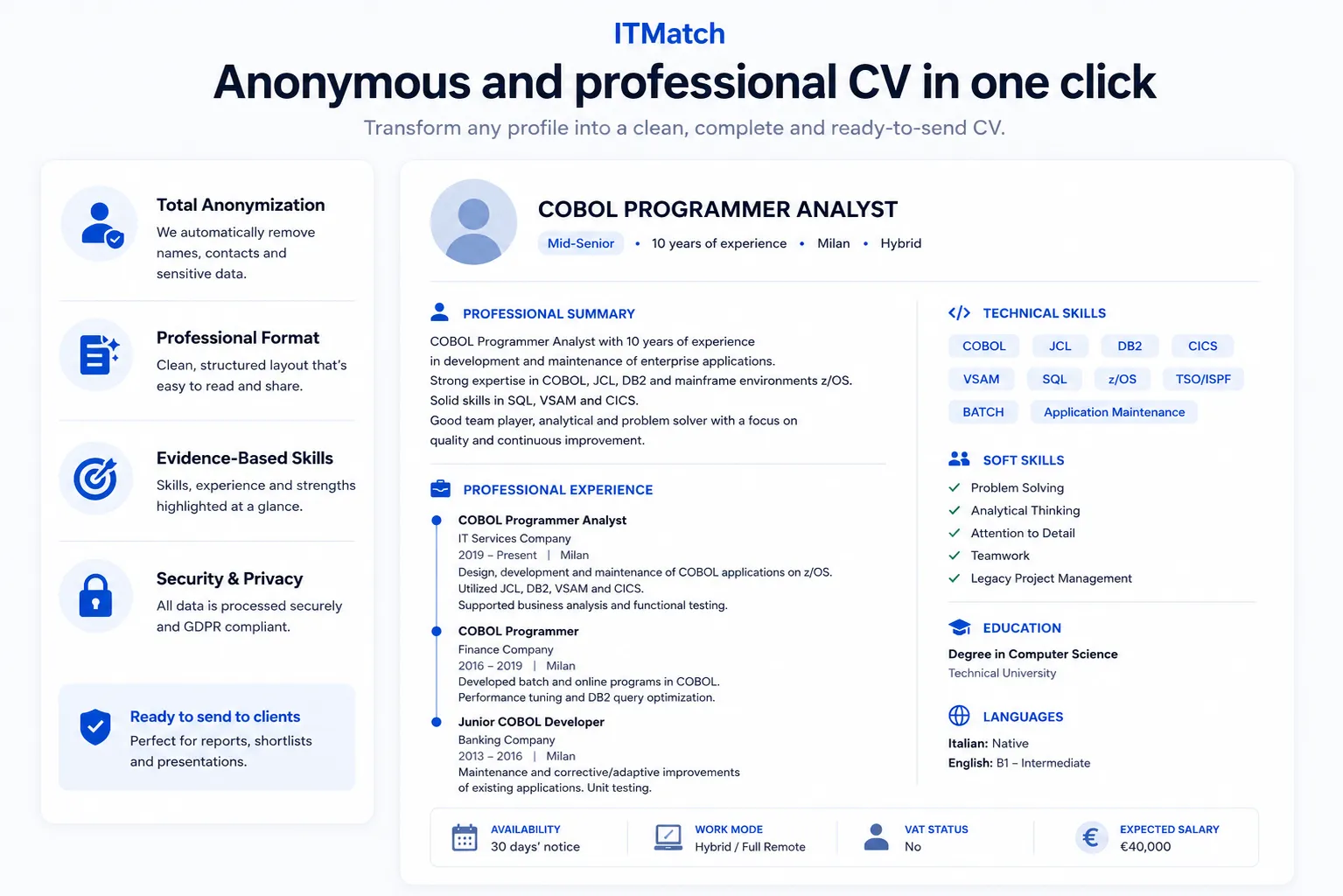 Professional anonymous CV generated by ITMatch