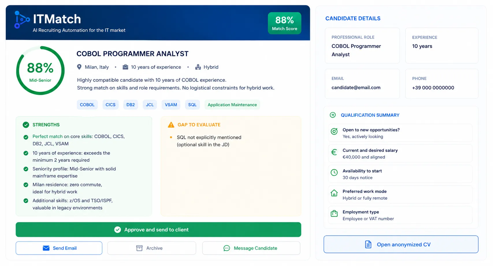 ITMatch: candidate profile with 88% AI match, key strengths and send-to-client