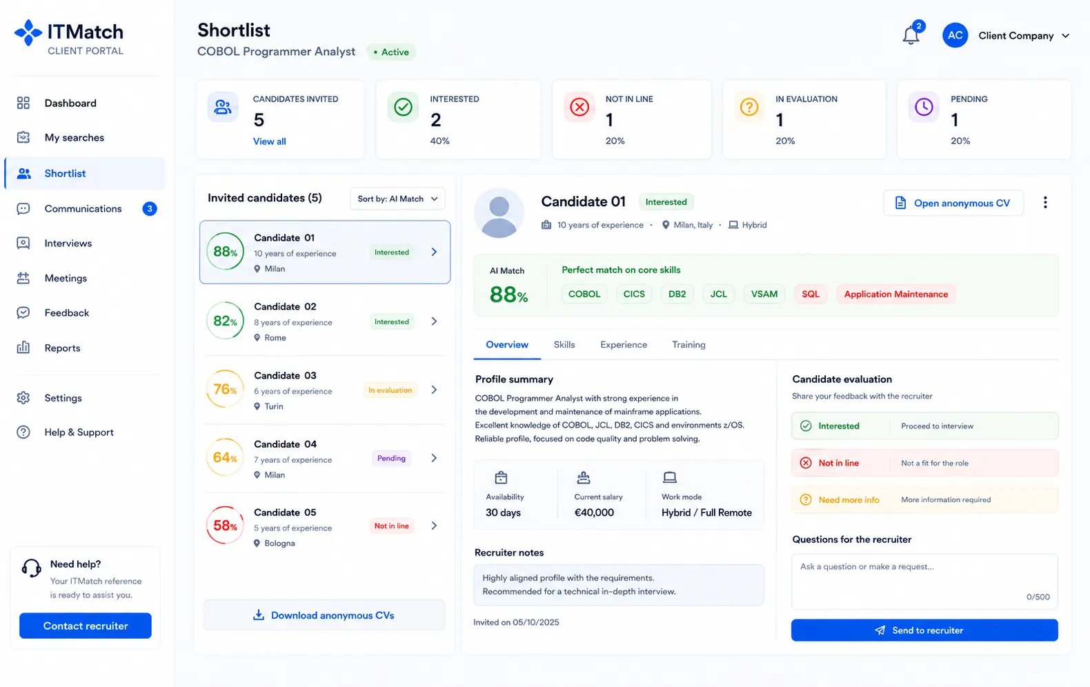 ITMatch client portal: shortlist with match scores and client feedback